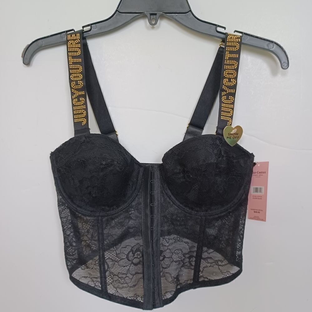 JUICY COUTURE 36B BLACK CORSET BRA LACE MOLDED CUPS UNDERWIRE BONING CONVERTIBLE - Picture 3 of 7